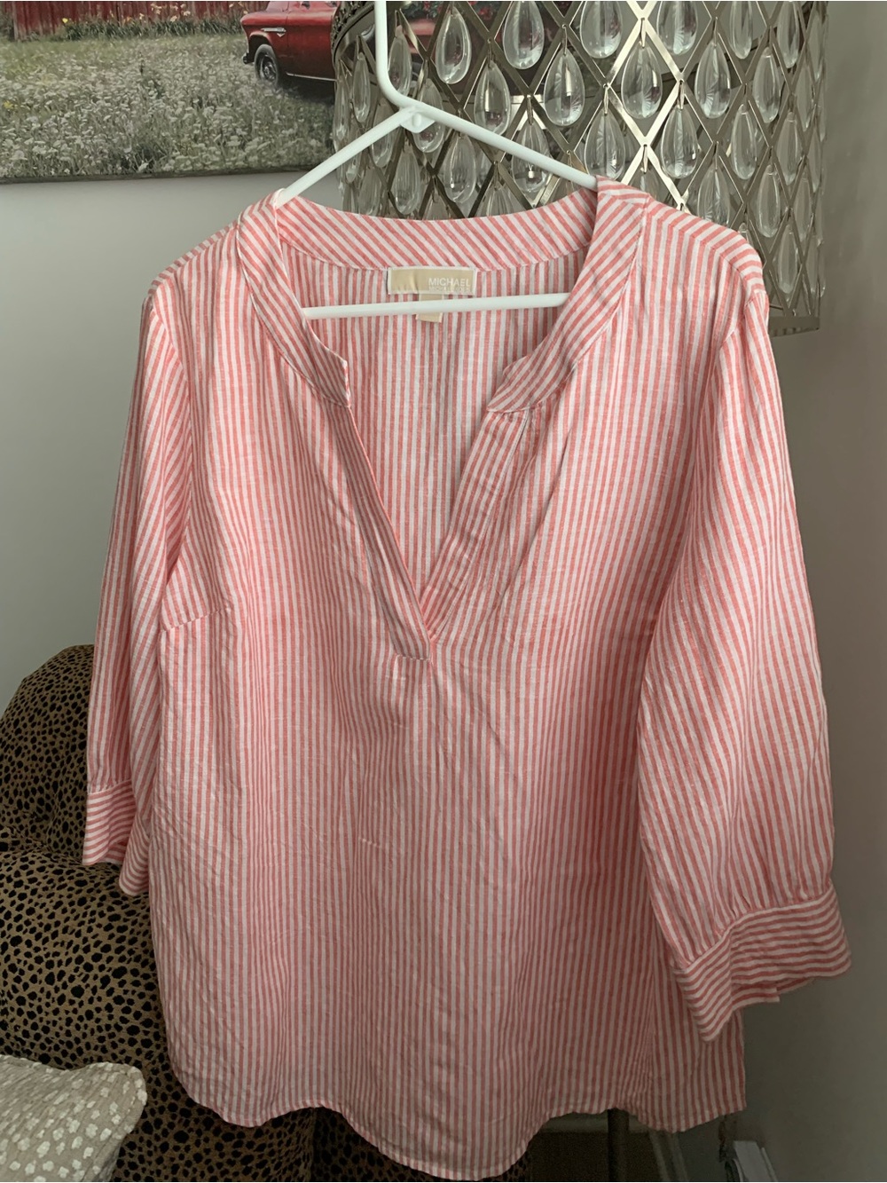 Michael Kors Pink and White Striped Split V Tunic